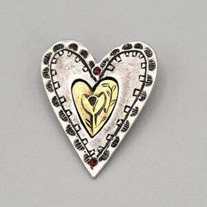 Vintage LIA Heart Brooch Pin Rose Motif Center Red Crystal Accents Signed